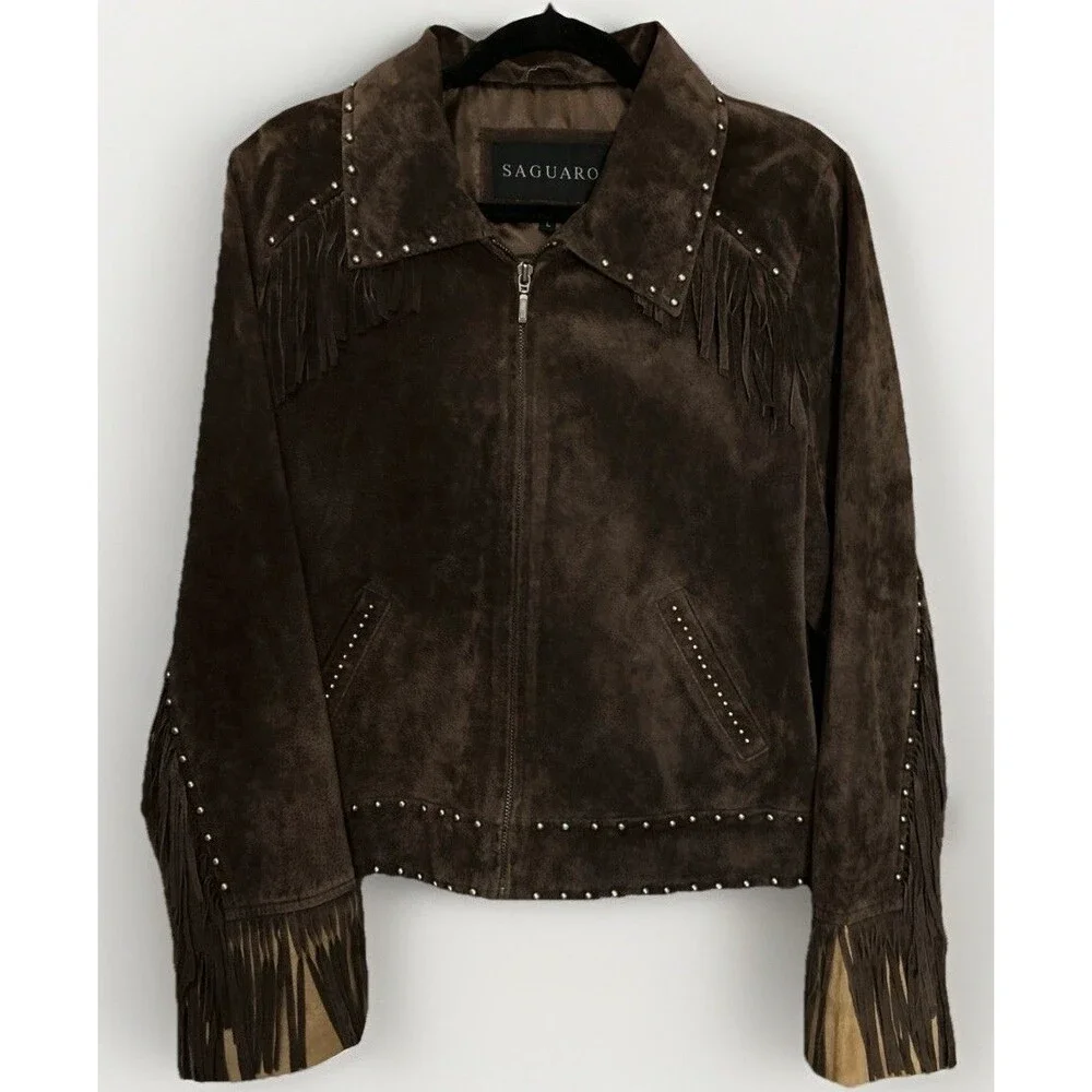 Saguaro Leather Suede Fringe Jacket Studded Cross Western Biker Brown Y2K Sz L - Picture 3 of 6